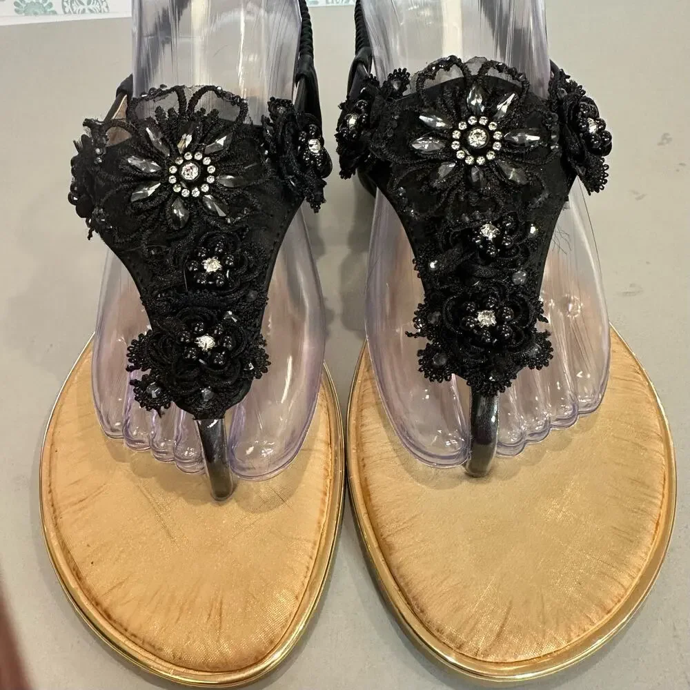 Duo Mei Zu Yuan Womens‎ 10 Thong Slingback Sandals Black Tan Rhinestones Floral - Picture 3 of 12